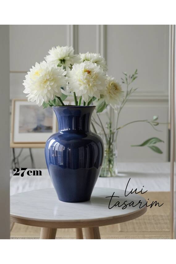 İskandinav Tarzı Sade Bohem Karaf 27 cm Koyu Mavi Cam Vazo - 4